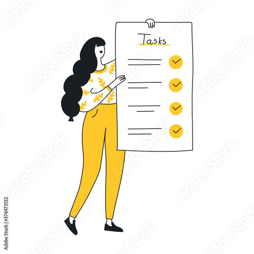 Cute cartoon woman holding a long to-do list or shopping list with checkmarks. Woman planning month, to-do list, and current tasks. Flat line isolated vector illustration
