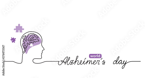 Alzheimer s day simple background, web banner, poster with brain and puzzle. One continuous line drawing background with lettering Alzheimer s day. photo