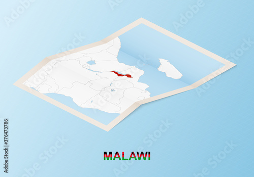 Folded paper map of Malawi with neighboring countries in isometric style.