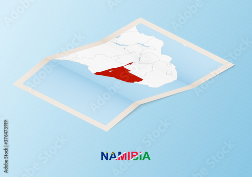 Folded paper map of Namibia with neighboring countries in isometric style.