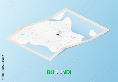 Folded paper map of Burundi with neighboring countries in isometric style.