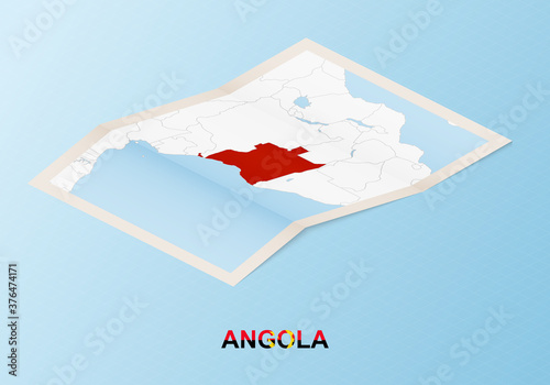 Folded paper map of Angola with neighboring countries in isometric style.