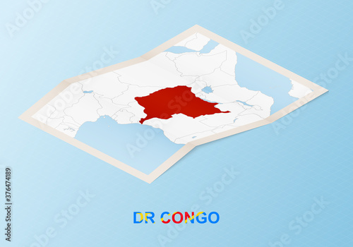 Folded paper map of DR Congo with neighboring countries in isometric style.