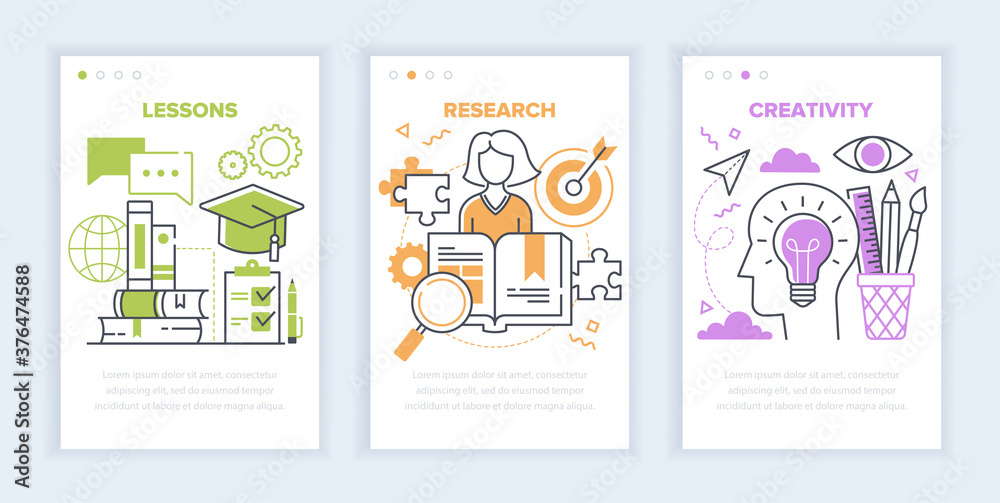 Web Education or e-learning concept showing three templates with Classes, Research and Creativity on a mobile device, colored vector illustration with copy space for text Web Education or e-learning concept showing three templates with Classes, Research and Creativity on a mobile device, colored vector illustration with copy space for text