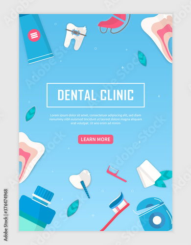 Dental Clinic web page template or banner with dentistry accessories forming a frame around central text on blue, colored vector illustration