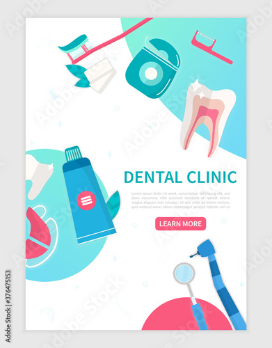 Dental Clinic banner or web page template with central text, dentistry tools and dental care accessories, colored vector illustration