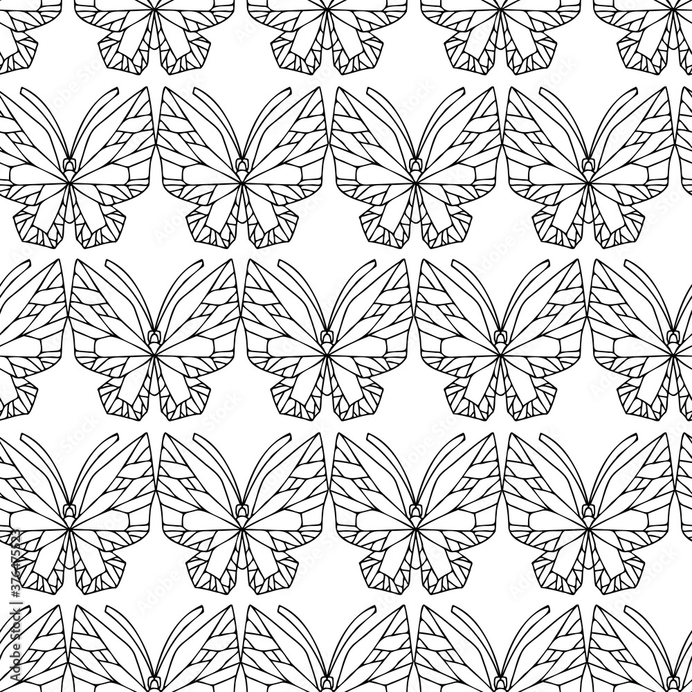 Fototapeta premium Abstract seamless vector pattern black and white lined design of butterfly