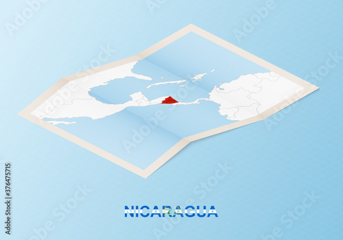 Folded paper map of Nicaragua with neighboring countries in isometric style.