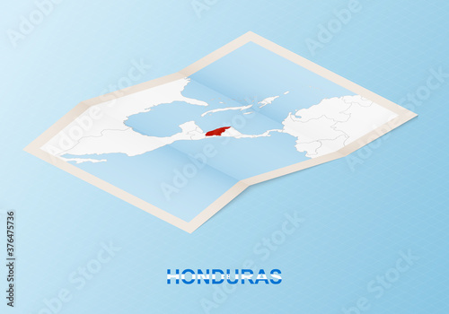 Folded paper map of Honduras with neighboring countries in isometric style.