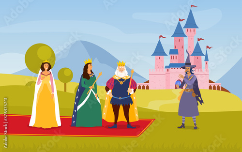 Fairytale King and Queen with courtiers and wizard outdoors on a red carpet in front of a turreted castle, colored vector illustration