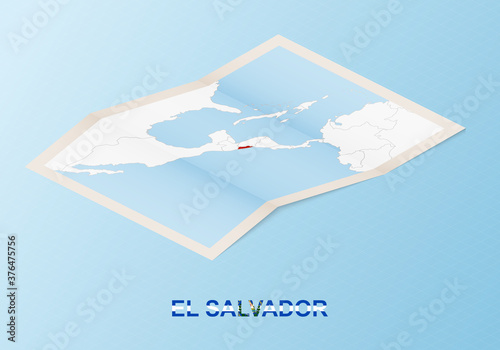 Folded paper map of El Salvador with neighboring countries in isometric style.