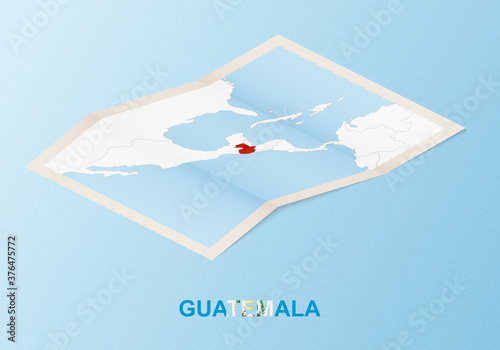 Folded paper map of Guatemala with neighboring countries in isometric style.