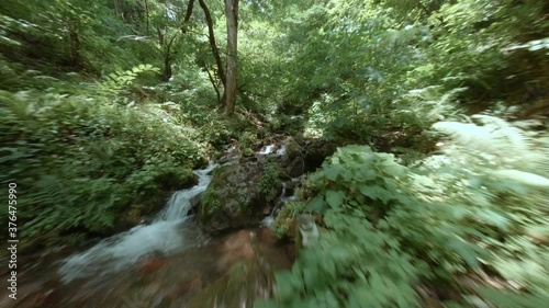 Speed flying drone view rocky river flow in tropical jungle green forest. FPV sport drone cinematic shooting river water flowing on rocks in summer jungle. Wild forest nature from drone above photo