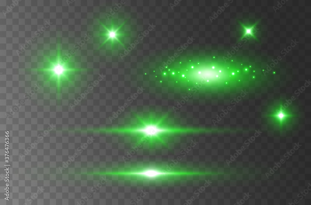 Flare lights effect isolated on transparent background. Green flash lense rays and spotlight beams set. Glow star burst with sparkles or vector magic fireflies at night