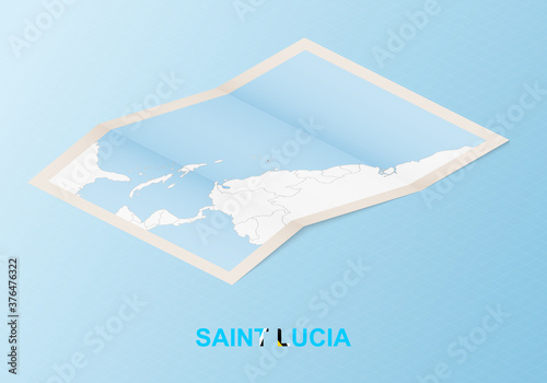 Folded paper map of Saint Lucia with neighboring countries in isometric style.