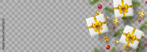 Gift boxes with green fir branches, red balls, gold stars and lights isolated on transparent background. Pine elements, xmas presents top view banner. Vector Christmas tree decoration border