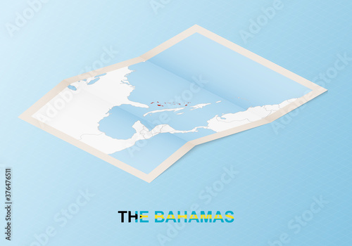 Folded paper map of The Bahamas with neighboring countries in isometric style.