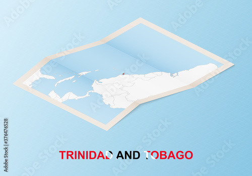 Folded paper map of Trinidad and Tobago with neighboring countries in isometric style.