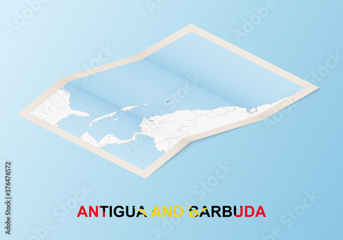 Folded paper map of Antigua and Barbuda with neighboring countries in isometric style.