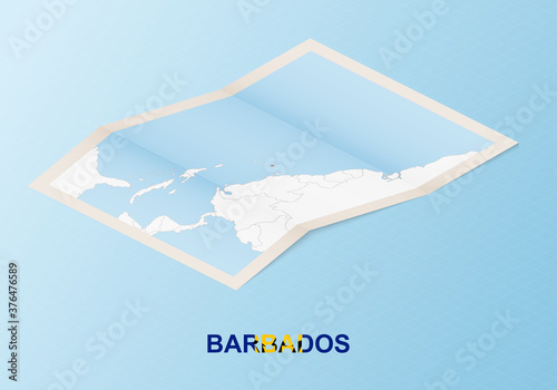 Folded paper map of Barbados with neighboring countries in isometric style.