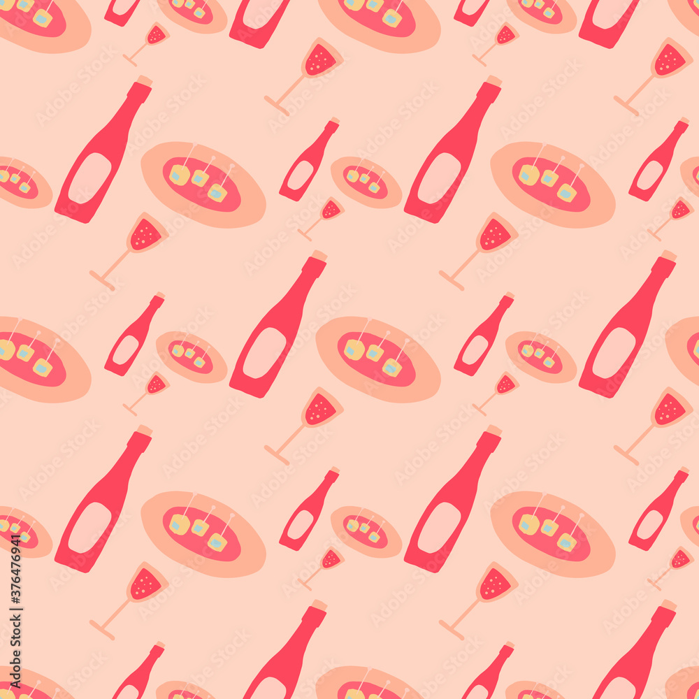 Pink paltte seamless pattern with bottles and dishes. Romantic dinner backdrop.