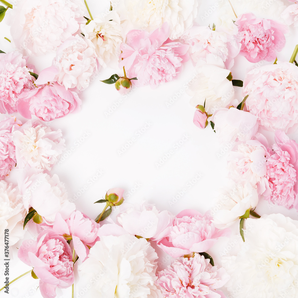 Romantic frame, delicate pink peonies flowers close-up. Fragrant pink petals Romantic frame, delicate pink peonies flowers close-up. Fragrant pink petals