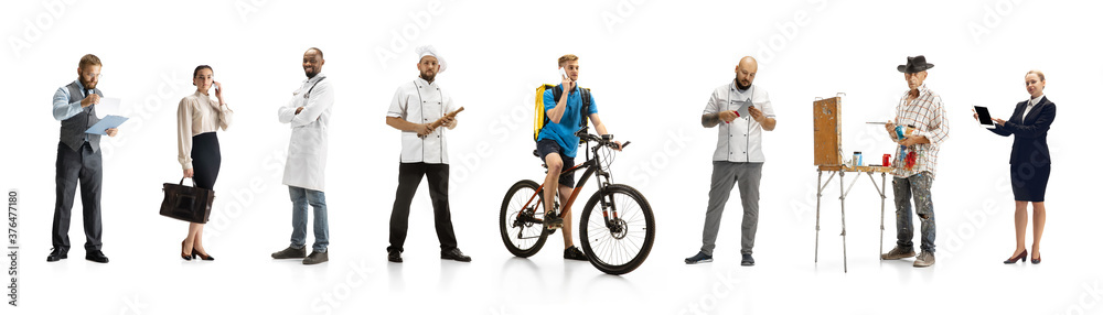 Group of people with different professions isolated on white studio background, horizontal. Modern workers of diverse occupations, male and female models like accountant, butcher, deliveryman, teacher Group of people with different professions isolated on white studio background, horizontal. Modern workers of diverse occupations, male and female models like accountant, butcher, deliveryman, teacher