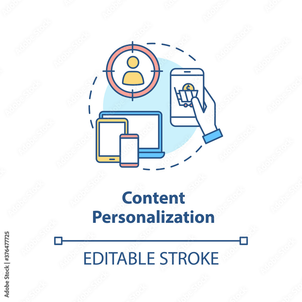 Content personalization concept icon. Digital marketing campaign idea thin line illustration. Customization. Targeting process. Vector isolated outline RGB color drawing. Editable stroke