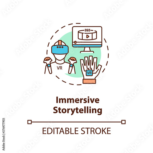 Immersive storytelling concept icon. Virtual reality technology. Digital marketing strategy idea thin line illustration. Marketing trend. Vector isolated outline RGB color drawing. Editable stroke