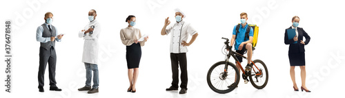 Group of people with different professions on white studio background, horizontal. Modern workers of diverse occupations, male and female models like accountant, butcher, deliveryman, teacher, doctor.