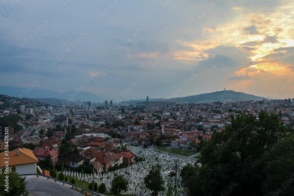 A view over the Soldier Cemetery (sehidsko mezarje Kovaci) and Sarajevo