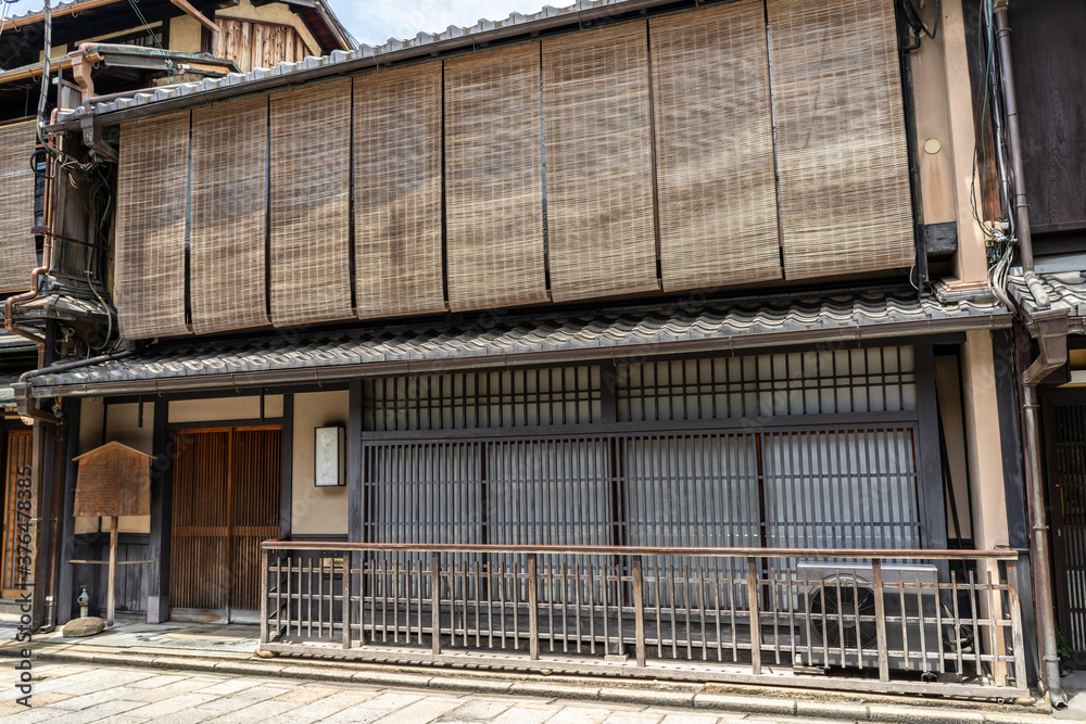 Traditional architecture in the Gion Geisha district of Kyoto, Japan. A machiya home built from bamboo and other woods.