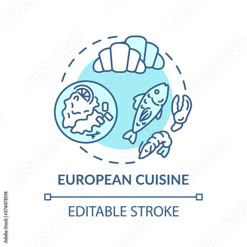 European cuisine concept icon. Famous meal from europe. Traditional ethnic menu. Delicious national food idea thin line illustration. Vector isolated outline RGB color drawing. Editable stroke