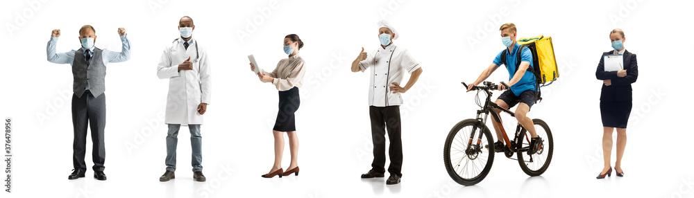 Group of people with different professions on white studio background, horizontal. Modern workers of diverse occupations, male and female models like accountant, cook, deliveryman, teacher, doctor. Group of people with different professions on white studio background, horizontal. Modern workers of diverse occupations, male and female models like accountant, cook, deliveryman, teacher, doctor.