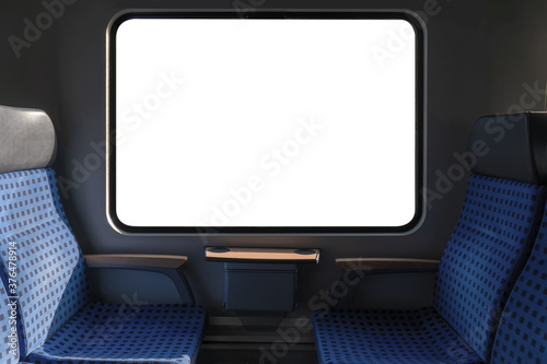 Isolated white window backgrounds on clean hygiene empty seat on europe Germany public transportation train subway bus with sunlight for traveler to travel during vacation with custom view