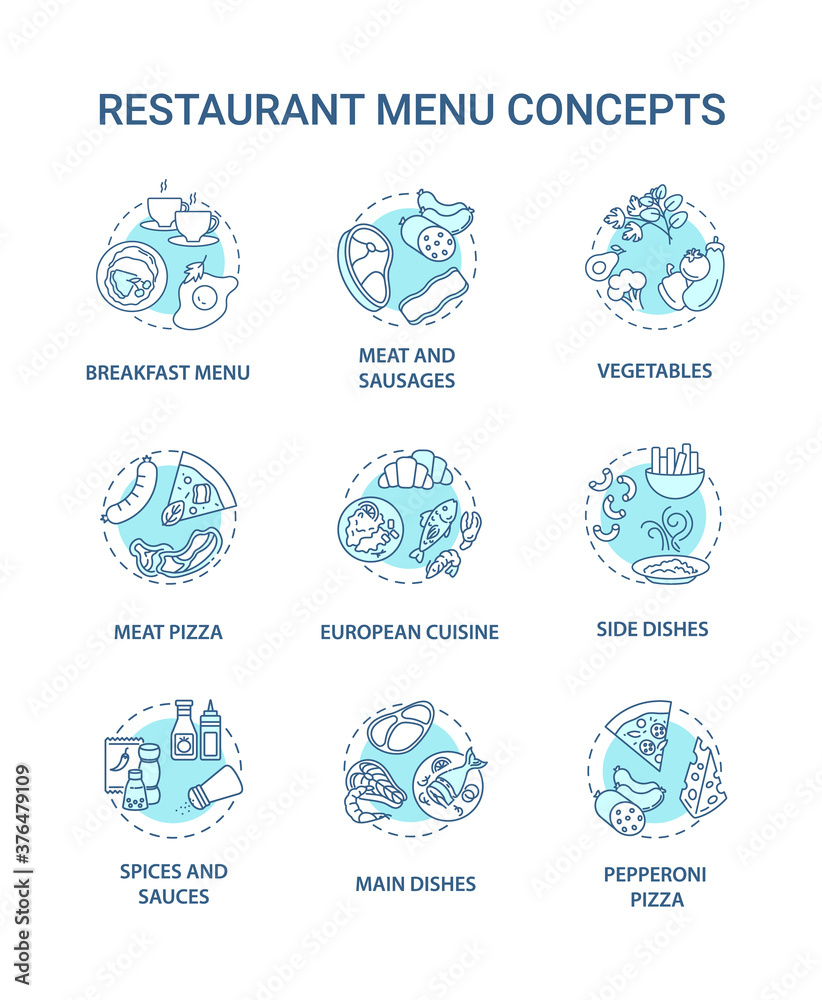 Restaurant menu concept icons set. Large variety of different food to choose. Full course meals. Ingredients idea thin line RGB color illustrations. Vector isolated outline drawings. Editable stroke