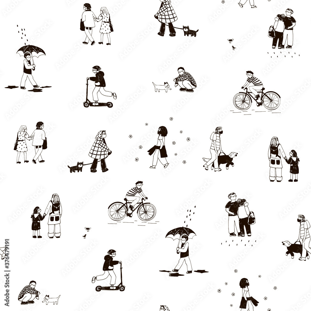 People in medical masks hand drawn cartoon vector seamless pattern