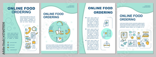 Online food ordering brochure template. Delivery service at home. Flyer, booklet, leaflet print, cover design with linear icons. Vector layouts for magazines, annual reports, advertising posters