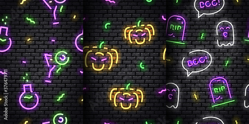 Vector set of realistic isolated neon seamless pattern of Halloween on the seamless wall.