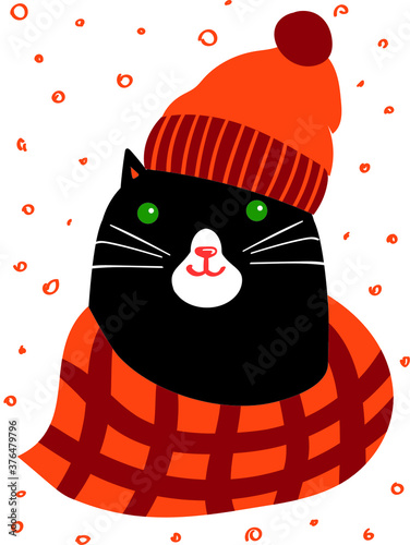 Black cat dressed in warm knitted hat and scarf. Cute and cosy autumn vector illustration. Feline character on orange dots background. Fall desigh concept for postcard. 