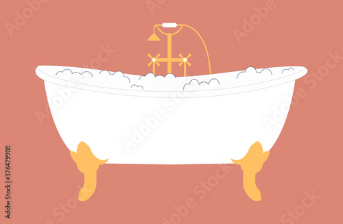 Luxury white bathtub with golden elements and bubbles. Element of bathroom interior. Bathtub icon. Vector illustration