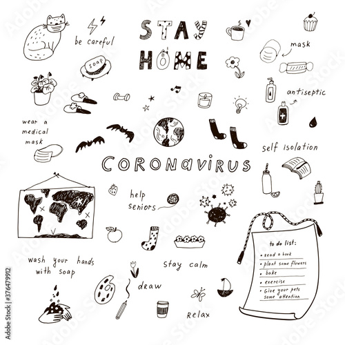Stay home coronavirus healhcare hand drawn illustrations set