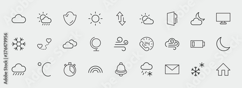 Set of Weather vector line icons. Contains symbols of the sun, clouds, snowflakes, wind, rainbow, moon and much more. Editable Stroke. 32x32 pixels.