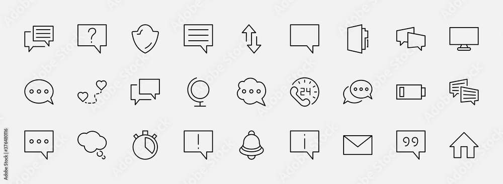 Set of Speech Bubble chat vector lines of icons. Editable Stroke. 32x32 pixels. Set of Speech Bubble chat vector lines of icons. Editable Stroke. 32x32 pixels.