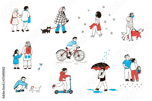 People in medical masks hand drawn cartoon vector illustrations set