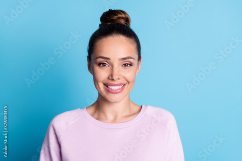 Photo of nice attractive girl look good in camera enjoy autumn fall spring weekend wear pullover isolated over blue color background © deagreez