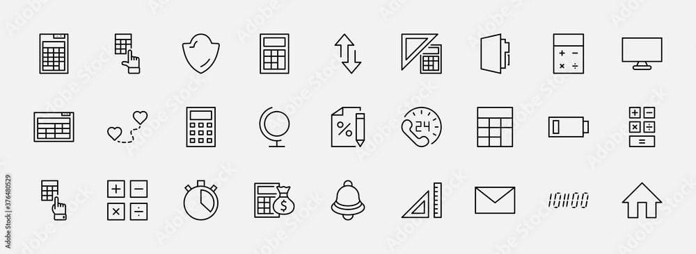 Set of Calculation Vector Line Icons. Contains such Icons as Calculator Icon, Pencil, Click, Money Bag, Percent symbol, Square and Ruler. Editable Stroke. 32x32 Pixels Set of Calculation Vector Line Icons. Contains such Icons as Calculator Icon, Pencil, Click, Money Bag, Percent symbol, Square and Ruler. Editable Stroke. 32x32 Pixels