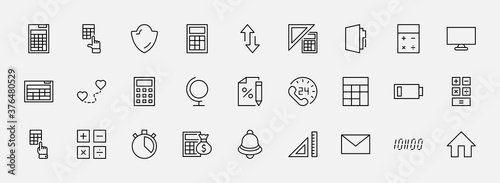 Set of Calculation Vector Line Icons. Contains such Icons as Calculator Icon, Pencil, Click, Money Bag, Percent symbol, Square and Ruler. Editable Stroke. 32x32 Pixels