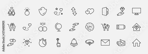 International Jeweler Day Set Line Vector Icons. Contains such Icons as Love, Heart, Hand, Family, Wedding Rings, Diamond, Jewelry store, Gift, Basket and more. Editable Stroke. 32x32 Pixels