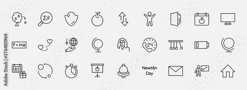 Newton's Day Set Line Vector Icon. Contains such Icons as Newton, Laws of physics and gravity, Flying Apple, Calendar, Teacher, blackboard and projector Editable Stroke. 32x32 Pixels